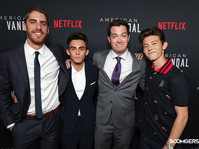 Tony Yacenda, Tyler Alvaraz, Dan Perrault, and Griffin Gluck at the premiere of <i>American Vandal</i>.