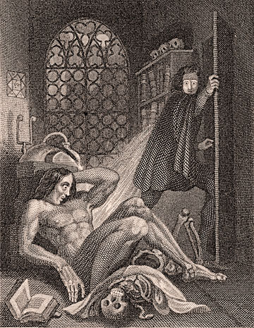 Image of a steel engraving from the 1831 revised edition of <i>Frankenstein</i> by Mary Shelley, depicting Victor Frankenstein (right) and his monster.