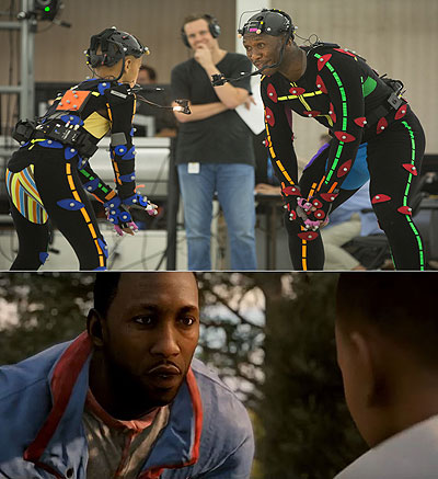 Michael Young directs Joshua Johnson-Lionel and Mahershala Ali (top), and the finished scene (below).