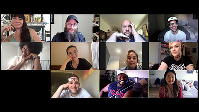 The <i>Connecting...</i> writers’ room [top, l-r]: Kaitlyn Jeffers, Martin Gero, Guy Branum, Eddie Mujica; [middle] Rachel Pegram, Shirin Najafi, Ranada Shepherd, Chloe Keenan; [bottom] Brendan Gall, Carl Tart, Naomi Iwamoto.