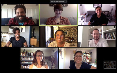 The <i>Social Distance</i> writers' room: top [top, l-r]: Brandon Martin, Jill Poskanzer, Joe Hortua; [middle] Brian Chamberlayne, Tara Herrmann, Anthony Natoli; [bottom] Merritt Tierce, Heather Jeng Bladt