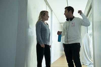 Elisabeth Moss and writer-director Leigh Whannell on the set of <i>The Invisible Man</i>.