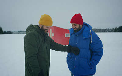 Kyle Marvin and Michael Angelo Covino on the set of <i>The Climb</i>.